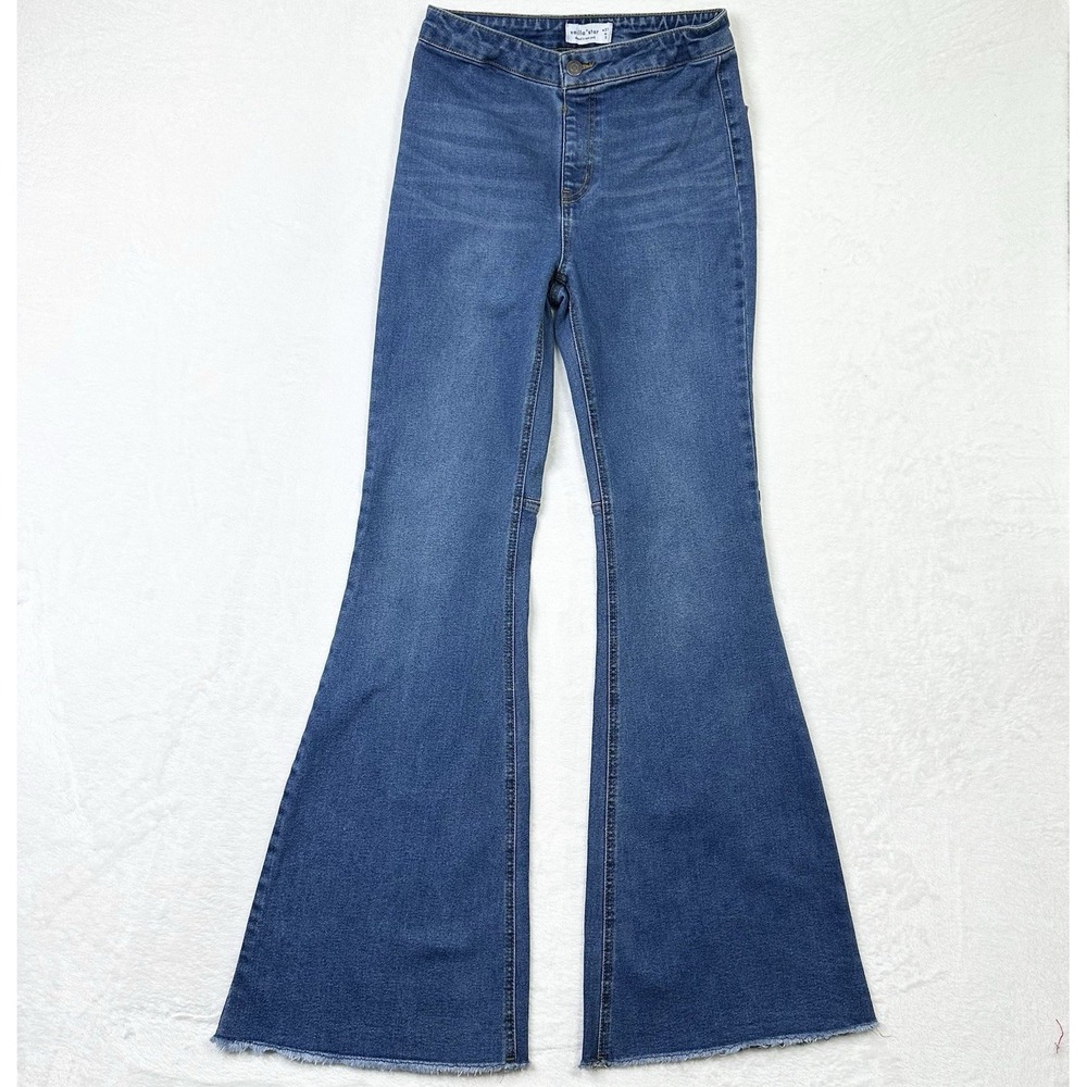 Vanilla Star‎ Flare Jeans Size 5 27 Waist Blue Denim High Rise Frayed Hem Retro